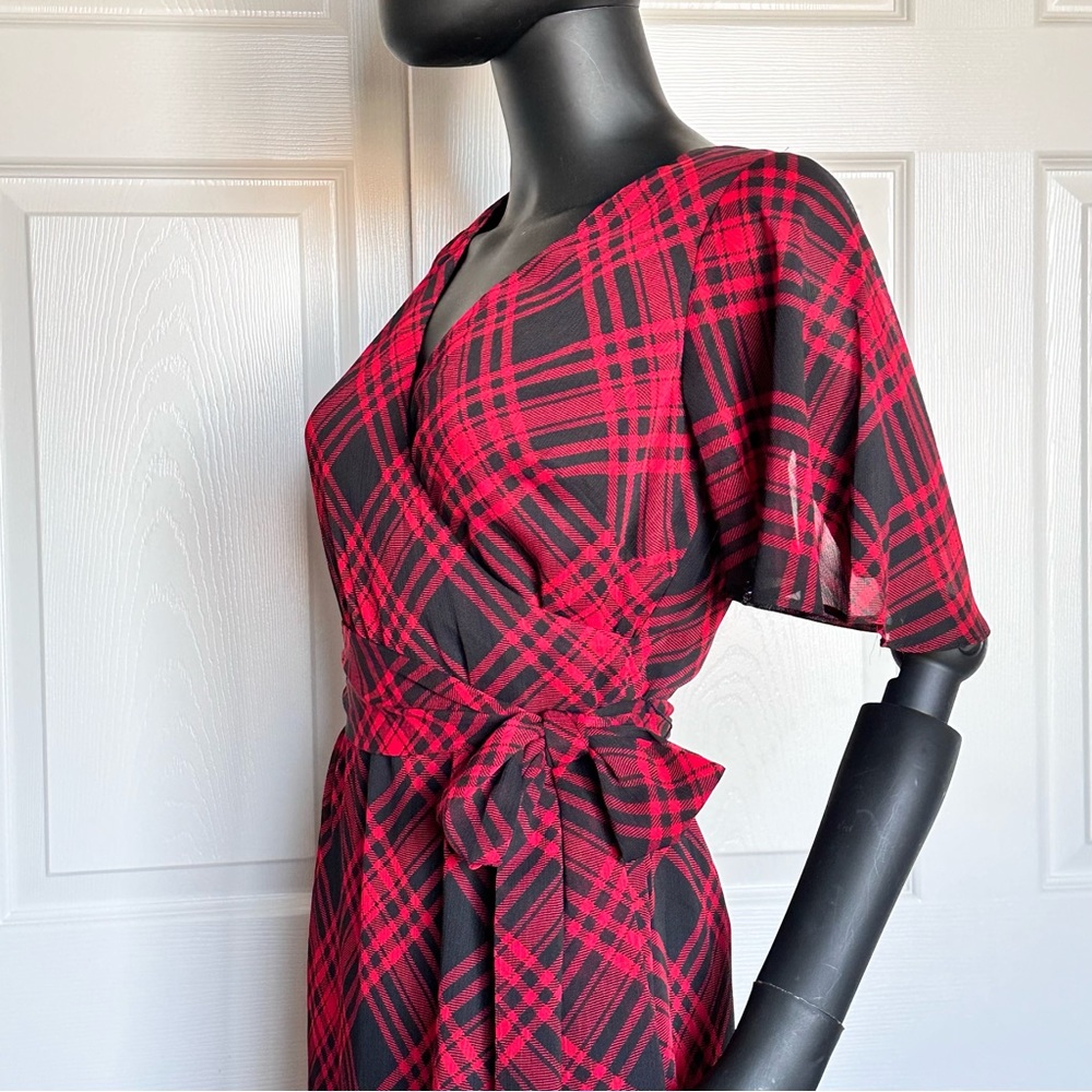 Ralph Lauren red plaid chiffon dress belted flatter short sleeve size 2 - Picture 5 of 14